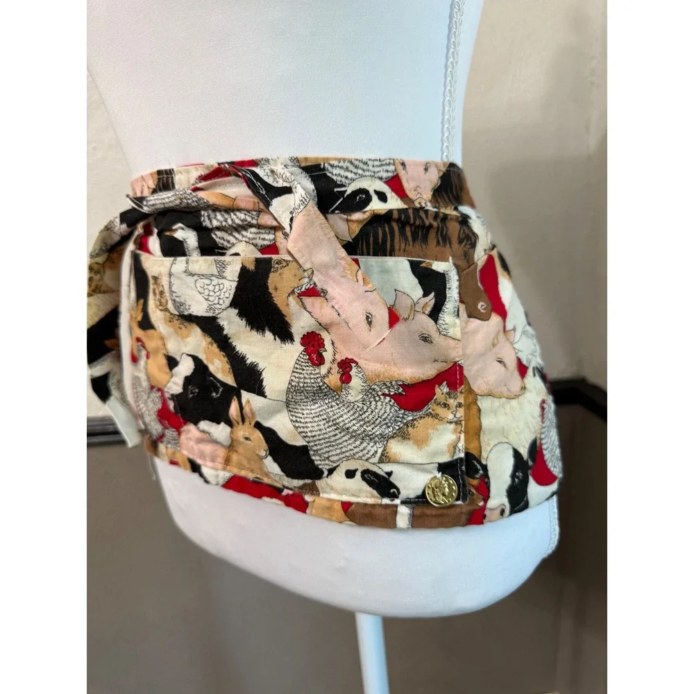 Shiny Penny Farm Animal Print Waist Apron Pockets Cow Chicken Pig Cat Handmade
